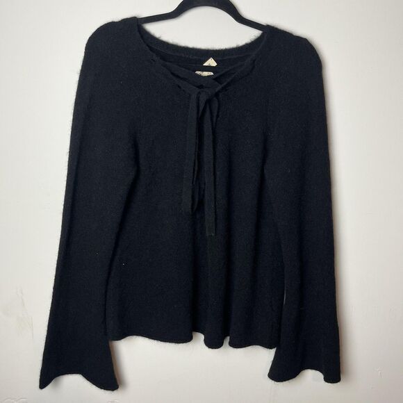 L'AGENCE Sweater Womens Large Black Lace Up Bell Sleeve Alpaca Wool Blend Fuzzy - Picture 1 of 8